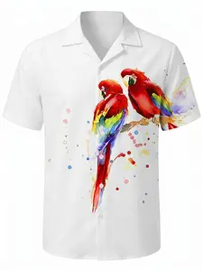 Men's Short-Sleeve Hawaiian Casual Shirt - White Base with Watercolor Parrot Print, Foldable Turned-Up Collar, Button Closure, Regular Fit Tropical Summer Top, Streetwear for Vacations, Daily Wear, Shortsleeve,summervibes outdoorfun