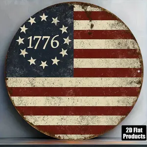 Round French Metal Tin Sign, "American Independence" Vintage Decorative Plaque, "1776" Decorative Sign, for Living Room, Study, Office, Restaurant, Bar, Garage