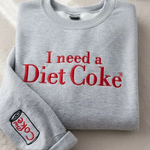 I Need A Diet Coke Embroidered Sweatshirt, Vintage Coke Crewneck, Retro Soda Lover Pullover, Funny Embroidered Christmas Gift