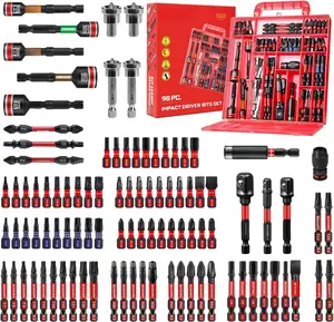 98 count 1/2 Impact  Bits Set,  S2 Steel (Phillips/Slotted/Square/Torx/Hex/ Torx) Driver Bits Tips,Impact Bit Holder and Nut Driver with Red Storage Box Case