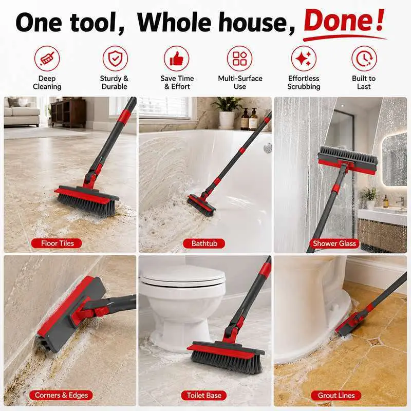 4-in-1 Long-Handle Soap-Compatible Indoor Cleaning Brush Set - Stiff-Bristle Grout Brush, Scrub Sponge, Microfiber Pad, 180° Rotatable Smooth-Slide Scrubber, for Bathroom Bathtub & Tile, Gift for Parents & Friends, W/ Microfiber Cloth & Iron Component