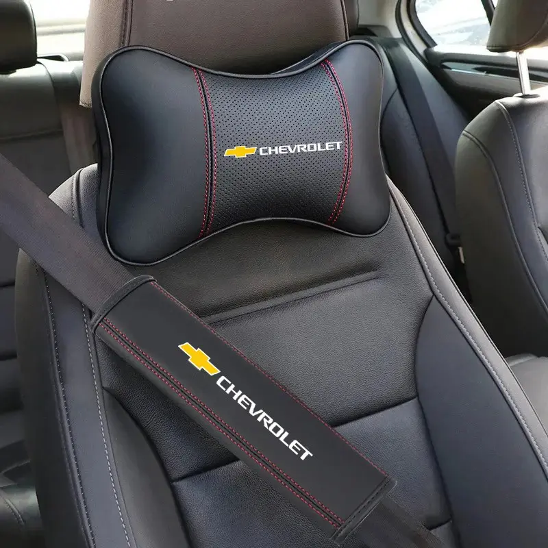Leather Car Headrest Neck Pillow, Seat Belt Shoulder Pad for Chevrolet Cruze Sonic Silverado Trax Camaro Captiva Equinox Trailblazer, Automotive Car Interior Accessories