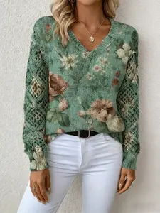 Boho Floral Print Knit Sweater, Hollow Out Long Sleeve V Neck Casual Top, Women's Fashion Pullover for Spring & Fall, Knitwear