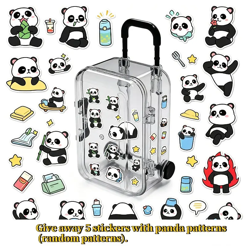 6Pcs Cute Panda Sticker Decor Mini Super Small Trolley Storage Box Decor Organizer, Movable Retractable Wheels, Transparent Cute Jewelry Storage Case, Dual-purpose for Storage & Decoration