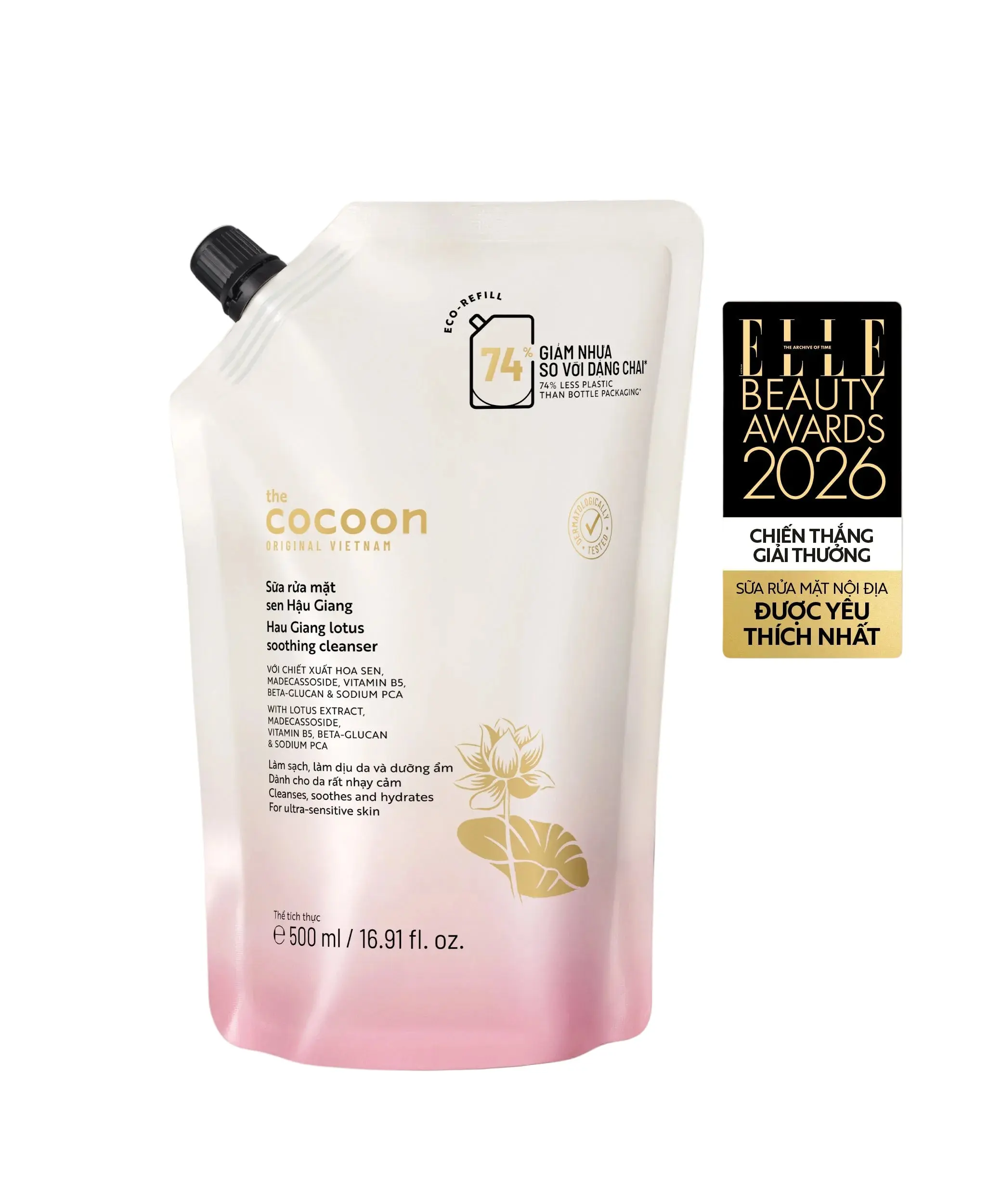 Cocoon Hau Giang Lotus Soothing Facial Cleanser Refill Pouch - 500ml, Gentle Vegan Cream Lather Formula with Lotus Extract, Moisture-Boosting Redness-Reducing Sensitive Skin Daily Cleanser