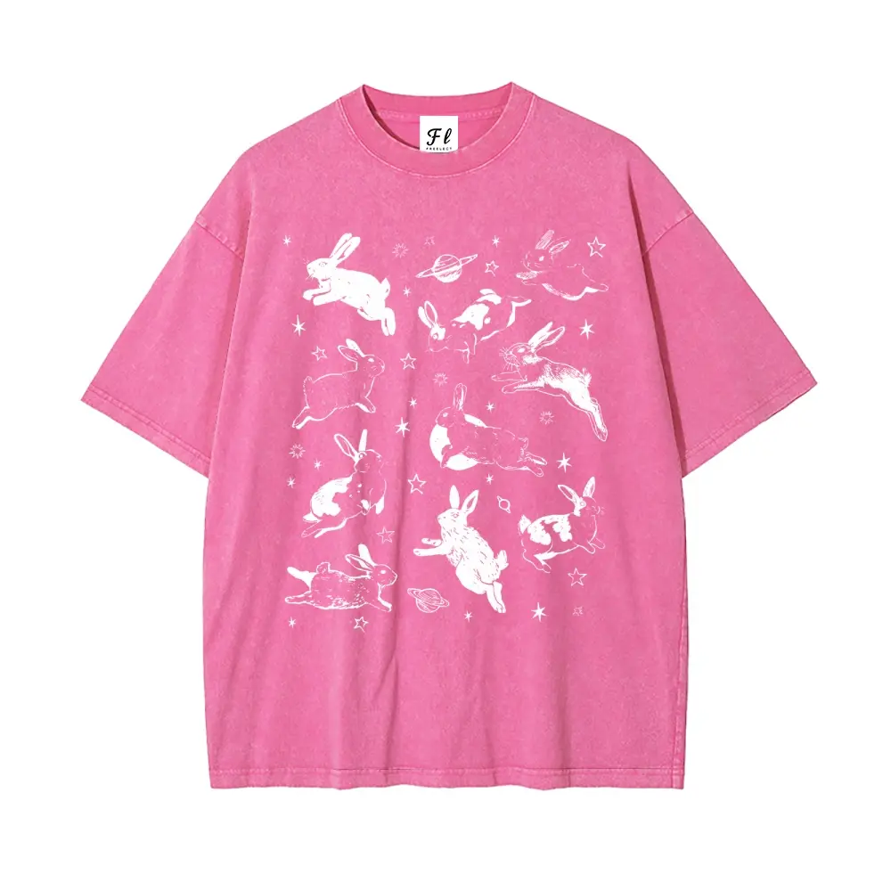 Unisex Flying Rabbit Bunny Easter Oversize Washed Batik Cotton T-Shirt, Super Soft Pre-Shrunk Streetwear Menswear Top