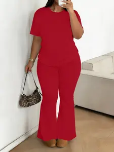 New Plus Size Women's Plain 2-Piece Casual Short Sleeve Outfit Set, Short Sleeve Top & Wide Leg Pants, Loose Fit High Waist Womenswear