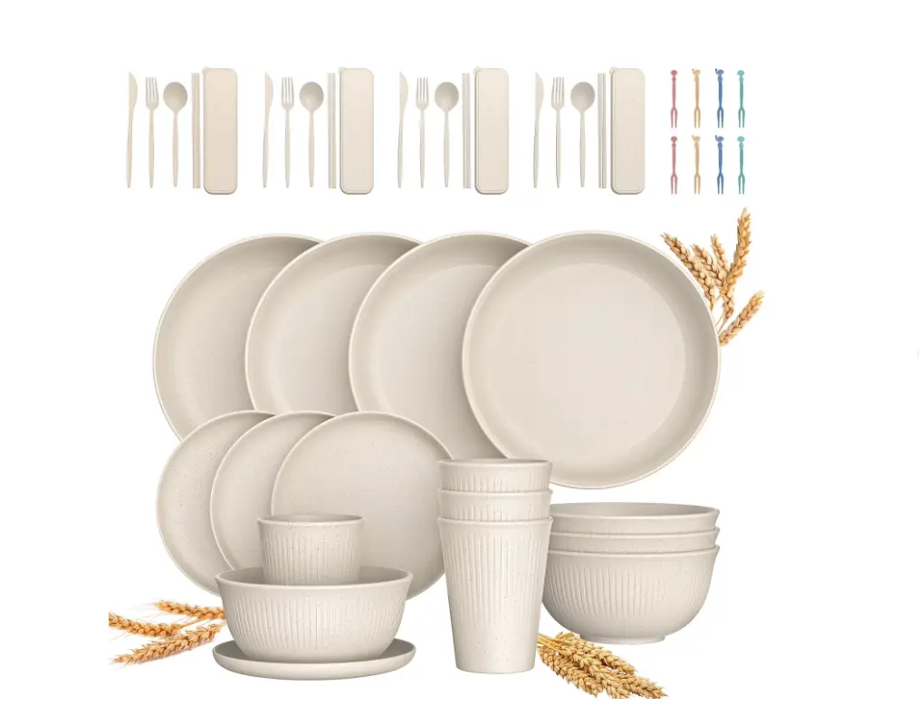Eco-Friendly 48-Piece Wheat Straw Dinnerware Set for 4 Unbreakable Plates Bowls & Cutlery Microwave Safe BPA Free Dining Set