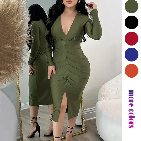 Women's Plain Deep V-Neck Dress Chic Fashion Long Sleeve Stretchy Dress for Daily Outdoor Wear, Women's Dress for All Seasons, Womenswear, Fitted Elegant Dress