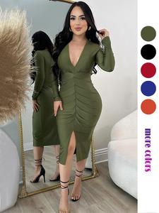 women's plain deep v neck longsleeves dress, chic elegant fashion casual long sleeve vneck dress for daily outdoor wear, women dress for all seasons, formal womenswear, dresses for party