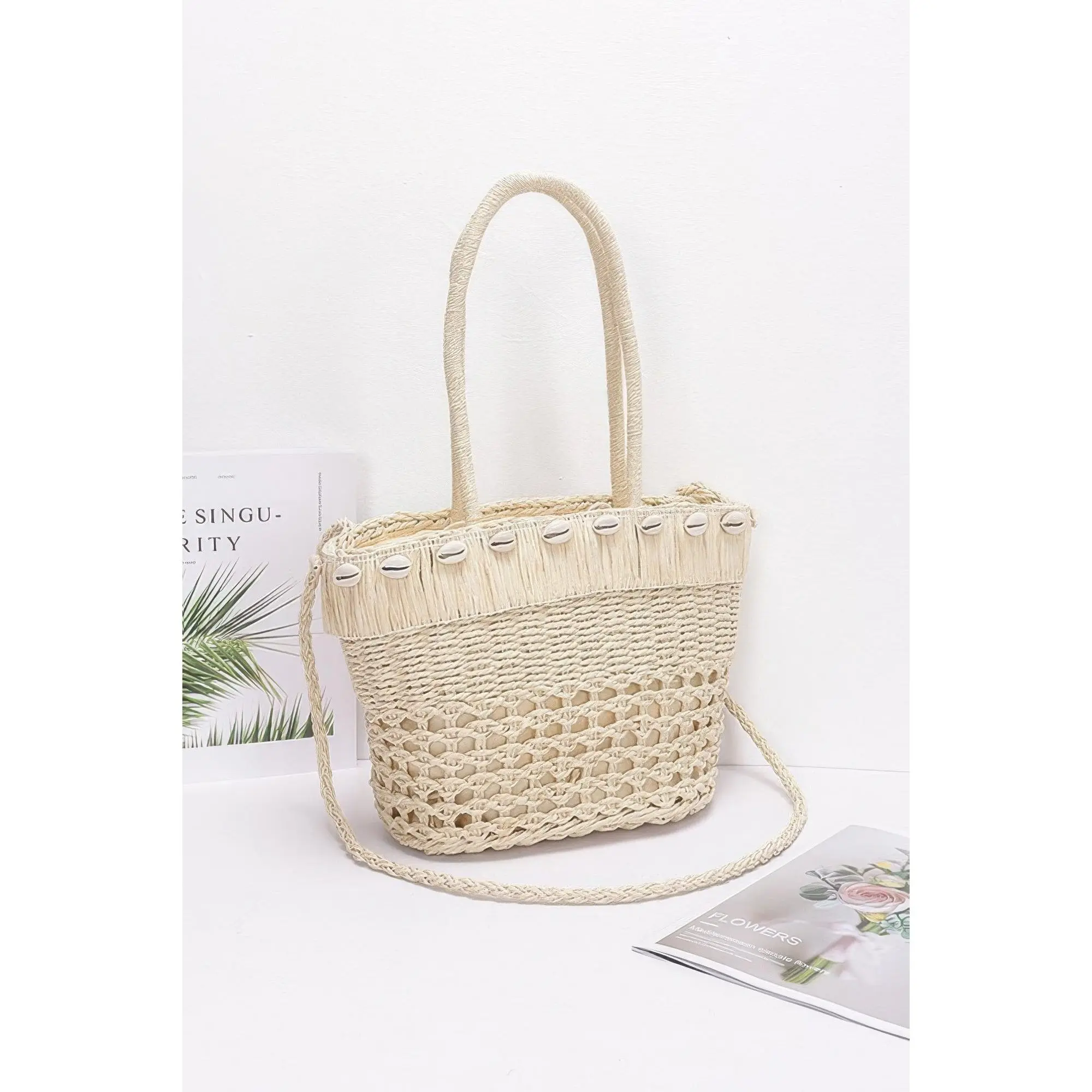 Chic Faux Straw Tote for Women, Lightweight Structured Basket-Weave Summer Beach Bag with Shell Accents and Double Handles, Basketweave