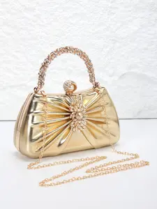 Pleated PU leather ladies' evening clutch, Leather handbags, Handheld bag, dual-purpose handbag, with detachable long chain strap for crossbody wear, adorned with crystal-embellished handles and a pearl clasp, ideal for weddings, parties