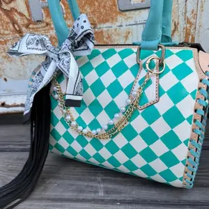 Turquoise Checkered Speedy Bag - Turquoise 11" x 8" x 6" with Pearls Chain Bow Fringe & Adjustable Strap