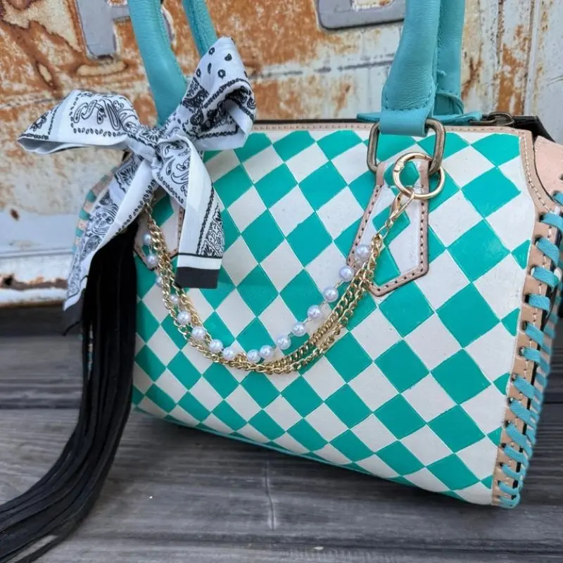 Turquoise Checkered Speedy Bag - Turquoise 11" x 8" x 6" with Pearls Chain Bow Fringe & Adjustable Strap