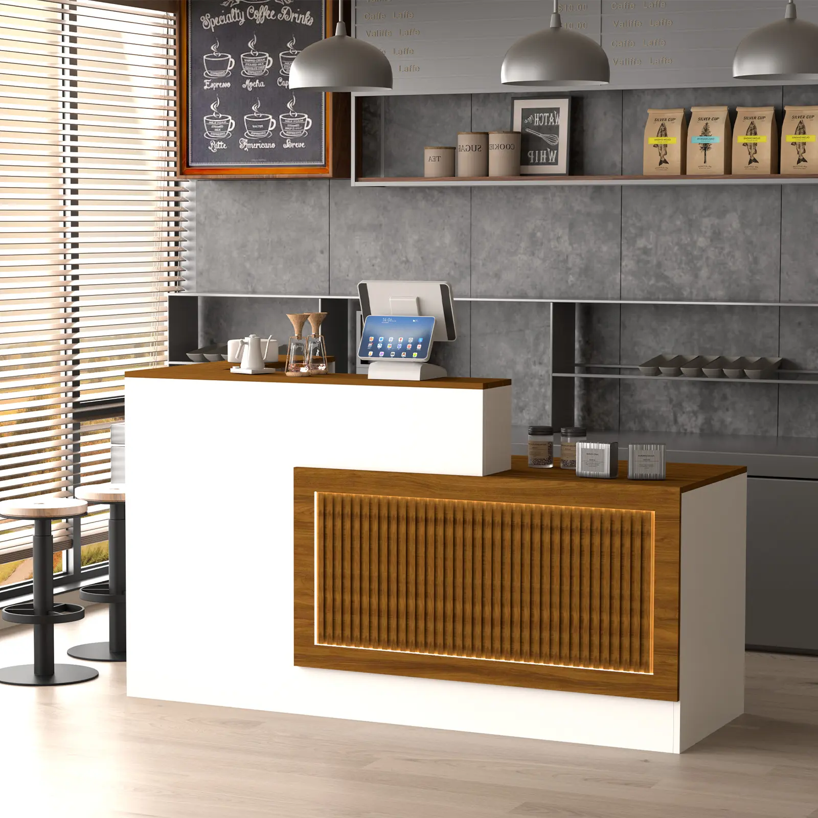 Premium Solid Wood Multi-layer L-shaped Reception Desk with LED Light Strips Lockable Drawers & Keyboard Tray for Modern Office Spaces