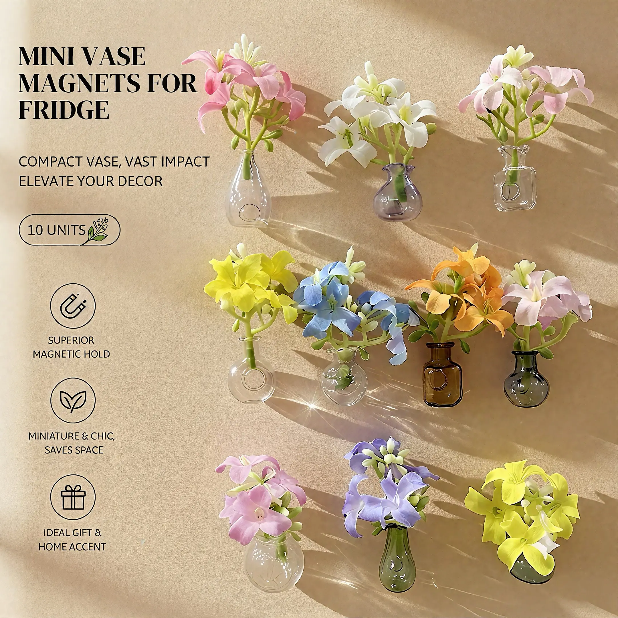 10Pack 3D Mini Vase Magnets for Fridge, Cute Tiny Glass Vase Magnet with Flowers, Real Flowers Pot Magnet, Funny Aesthetic Plant Pot Locker Office Kitchen Decoration, Small Magnet Bud