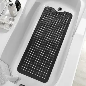 Extra Long Non-Slip Shower & Bathtub Mat 40x16 Inches with 300 Suction Cups & Drain Holes Machine Washable Black Bathroom Rug