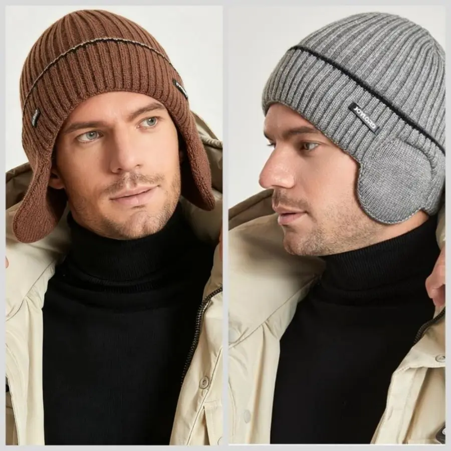 Men's Ribbed Lightweight Fleece-Lined Knit Winter Beanie - Adjustable Buckles, Ear Protection, Cold Weather Thermal Warmth, Outdoor Sports Daily Use, Solid Beige Hat