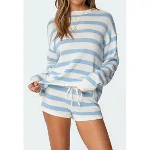 Women’s Striped Knit Sweater and Shorts Set – Blue and White Casual Loungewear Outfit, Suitable for Use with a Raincoat