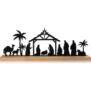 Black Metal Nativity Scene Set with Wooden Base Perfect for Christmas home decor, indoor offices, kitchen countertops, bookshelves, mantelpieces, or tabletop displays (Classic Edition)