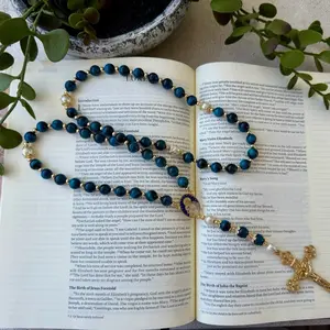 Marian Blue Rosary | Handmade Catholic Rosary with Pearl Accents | Blessed Mother Rosary | Catholic Gift for Women | Blue and Gold Rosary