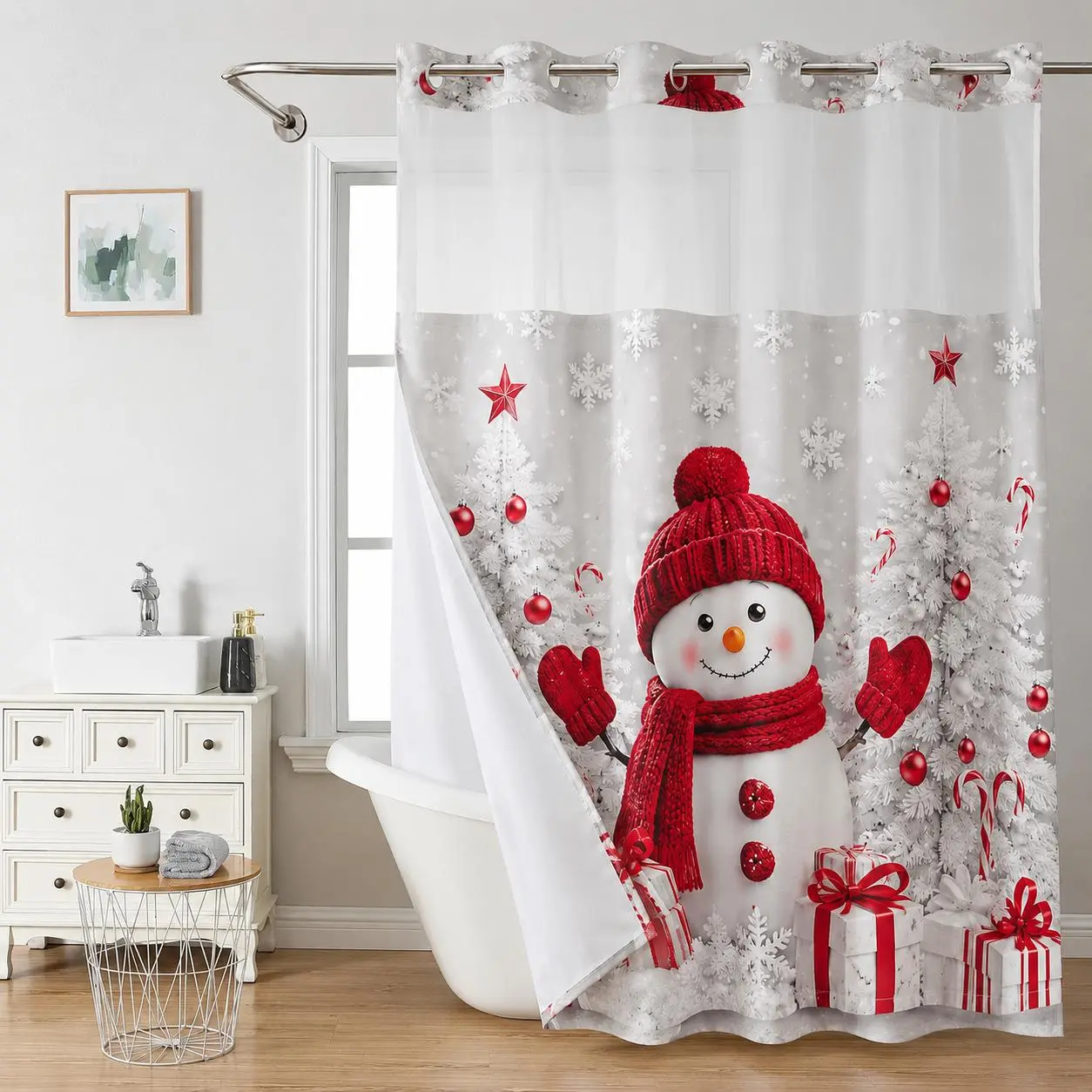 Christmas Snowman Shower Curtain  No Hook Double Layer Shower Curtain with Waterproof Fabric, Holiday Tree Floral Print Bathroom Decor, Easy Install Curtain for Home, Hotel & Dorm 72x75 Inch,