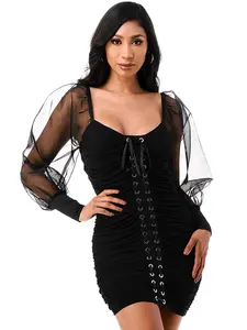 Stretch lace up non see through mesh mini dress womenswear party dress GNO
