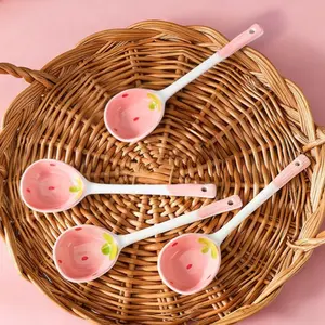 4pcs Cute Strawberry Ceramic Spoons, Hand-Painted Long Handle Dessert Spoons, Plant Pattern, Coffee, Ice Cream, Soup, Home Christmas Decorative Utensils, Tableware, Spoons Set