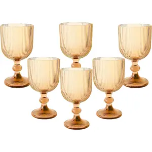 Glasses Set of 6, 11 Ounces Colored Glass Water Goblets, Colorful  Embossed  High Clear Stemmed Glassware Wedding Party Bar Glass Drinking Cups Vertical Line