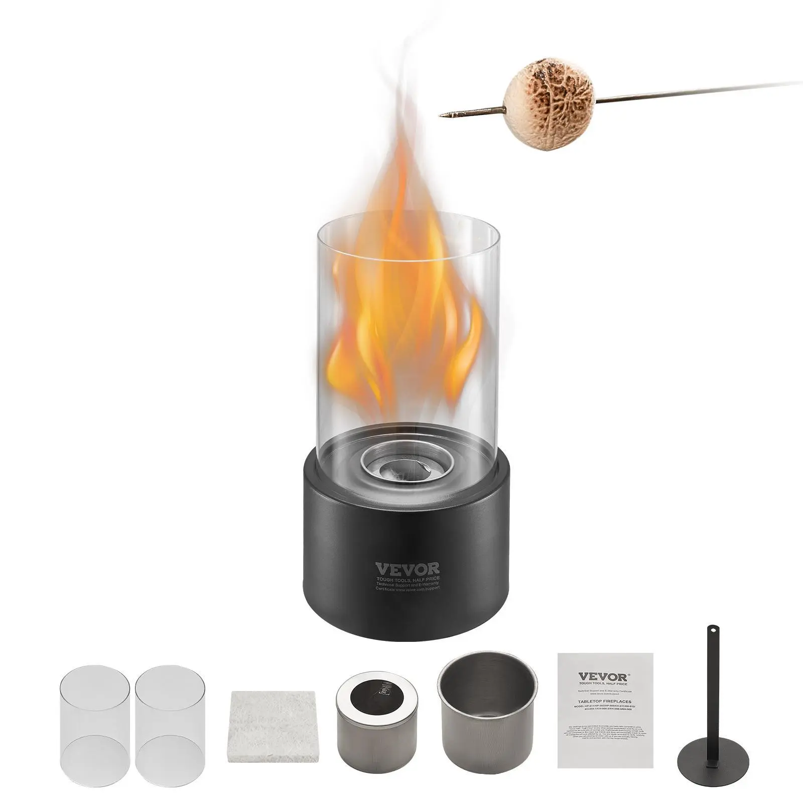 VEVOR Tabletop Portable Fire Pit & Bowl - 6in Cement Edge Smokeless Burn Isopropyl Alcohol Burner, Cordless Modern Home Decor, 2.03 lbs, 45-60 Mins Burn, Extinguisher Cover, 6.30 in(L)x6.30 in(W)x11.22 in(H), Patio Balcony Smores Maker with Glass