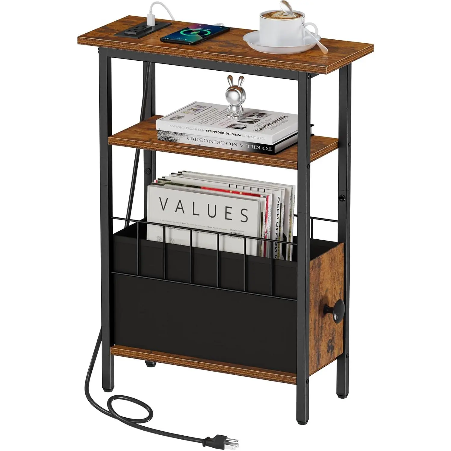 Narrow Side Table with Charging Station, Slim End Table for Small Spaces, 3 Tier Skinny Nightstand with Drawer, Sofa Beside Table with Storage Shelf for Living Room Bedroom