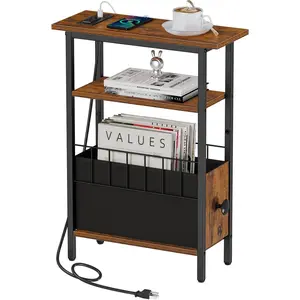 Narrow Side Table with Charging Station, Slim End Table for Small Spaces, 3 Tier Skinny Nightstand with Drawer, Sofa Beside Table with Storage Shelf for Living Room Bedroom