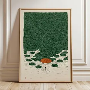 Japanese Umbrella Poster, Minimal Wave Pattern Art, Green Cream Print, Modern Wall Decor | Unframed Y
