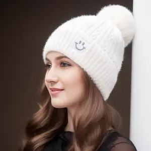 Women's Warm Fleece Knitted Beanie with Pom-Pom and joyful Patch - 1 Style, 4 Colors Available: Black, White, Pink, Grey; Stretchy Comfortable Ear Warmer for Cold Weather Protection, Christmas Gift, Hand Wash, Holiday Gift, Seasonal Wear, Playful Design,