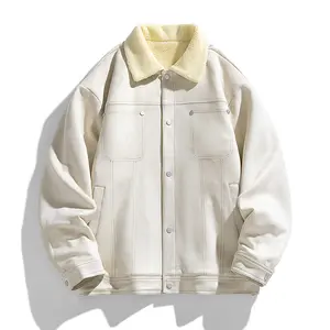 Men's Beige Faux Suede Sherpa Collar Jacket, Oversized Retro Casual Button-Up Outerwear