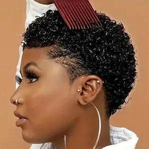 New Arrived [Brazilian Remy Hair Wig] Brazilian Remy Human Hair Elegant Short Curly Pixie Cut Wig for Women |   Layered Full Machine-Made Style, Afro Kinky Texture, Darker Color Shades, Rose Net Cap, Perfect for Everyday Glamour