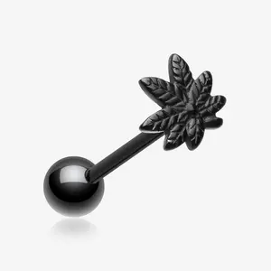 Blackline PVD Pot Leaf Top Steel Barbell Tongue Ring