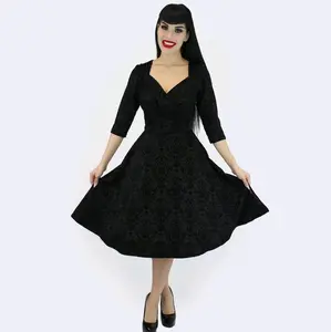 Holiday Black PinUp Damask Lydia 1950s Vintage Inspired Circle Party Dress w/ Pockets