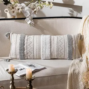 Gray Decorative  Throw Pillow Cover 14x36 Boho Long Cushion for Bed Neutral White Accent Farmhouse Pillowcase for Bedroom Living Room Couch Sofa  Decor (Cover ONLY, Pack of 1)