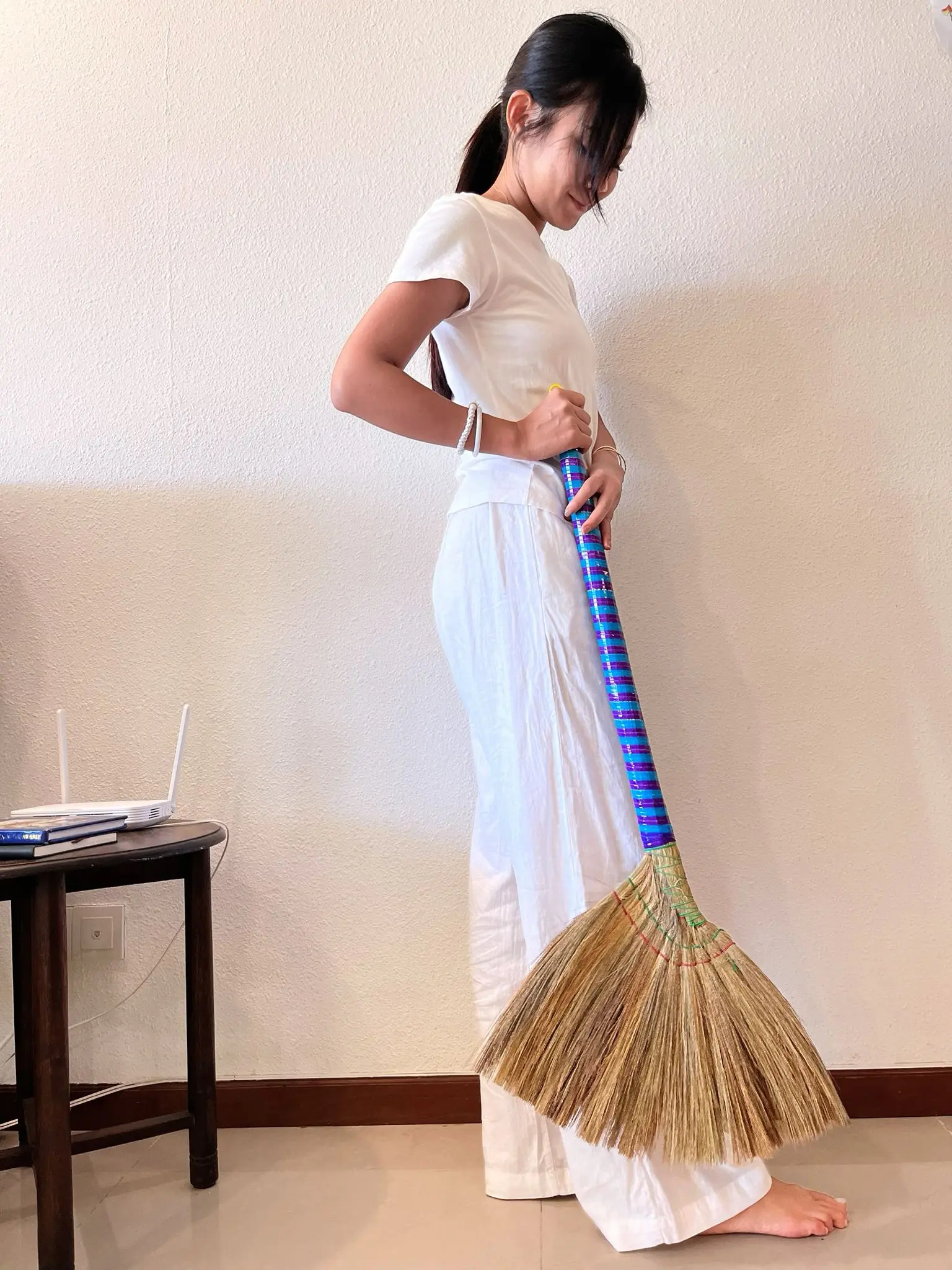 Zotato Vietnamese Straw Broom - Traditional Cleaning Tool with Colorful Handle & Natural Straw Bristles for Home Use