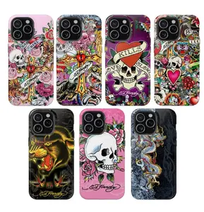 Pink Ed Hardy Skull Leopard Tattoo iPhone Case Aesthetic Y2k Trendy Tiger Ed Hardy Collage Phone Case for iPhone,lightweight, new fashion trend design