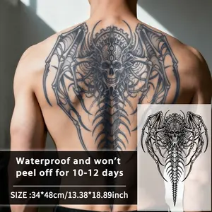 Mechanical Skull Bat Wing Back Temporary Tattoo, Waterproof Long-Lasting 7-15 Days, Semi-Permanent Herbal Tattoo, Unisex Fake Tattoo