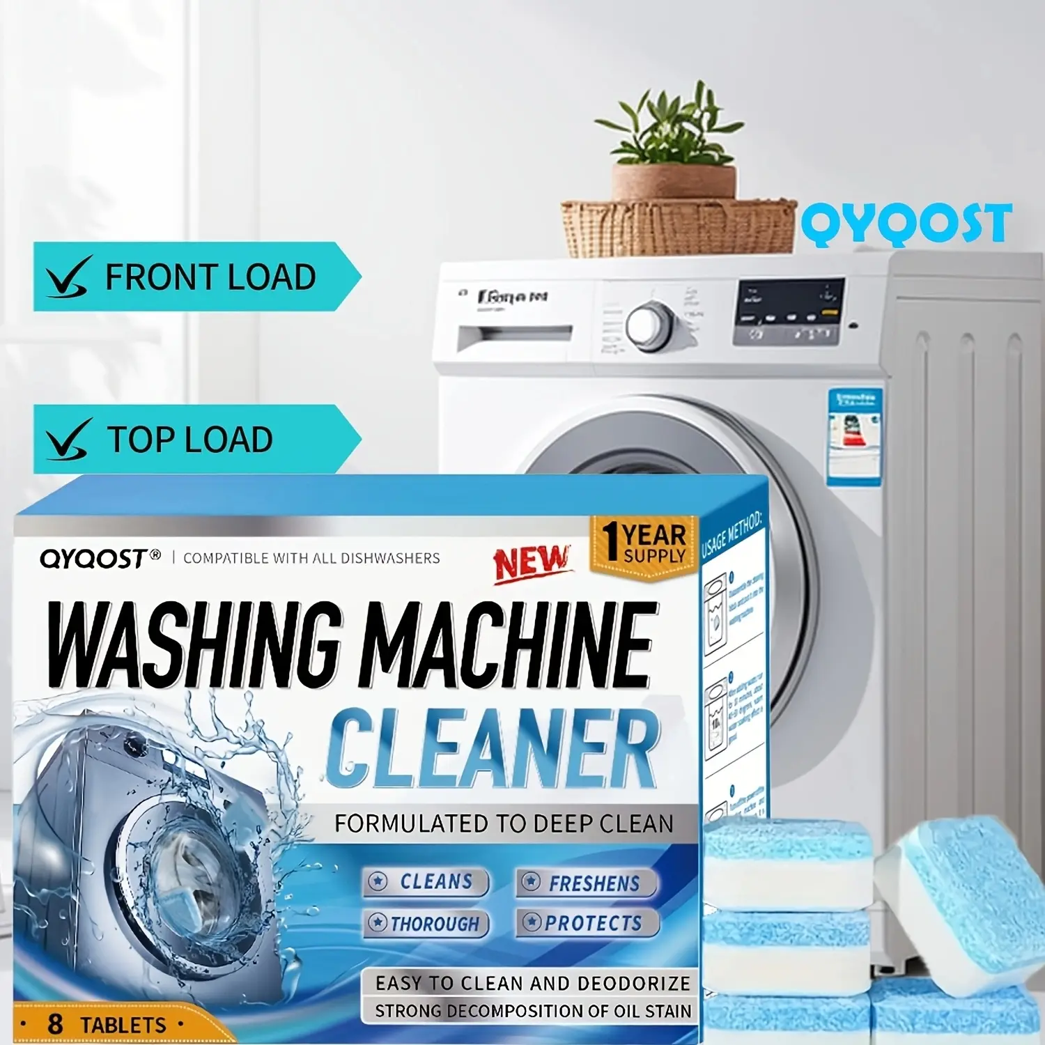 8/24pcs Washing Machine Cleaner Tablets, Washer Tablets for Front Load, Top Load & HE Washers, Multi-Use as Dishwasher Cleaner & Deodorizer Tablets