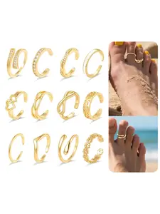 12Pcs 18K Gold Filled Toe Rings Minimalist Zircon Thin Band Adjustable Summer Beach Foot Jewelry for Women Fashion Ring Gold Silver Tone
