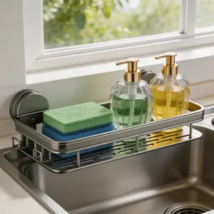 Sink Caddy, Wall Mount Kitchen Sink Organizer, Sponge Dish Brush Holder with Suction Cup for Sponges, Soap, and Rags, No-Drilling