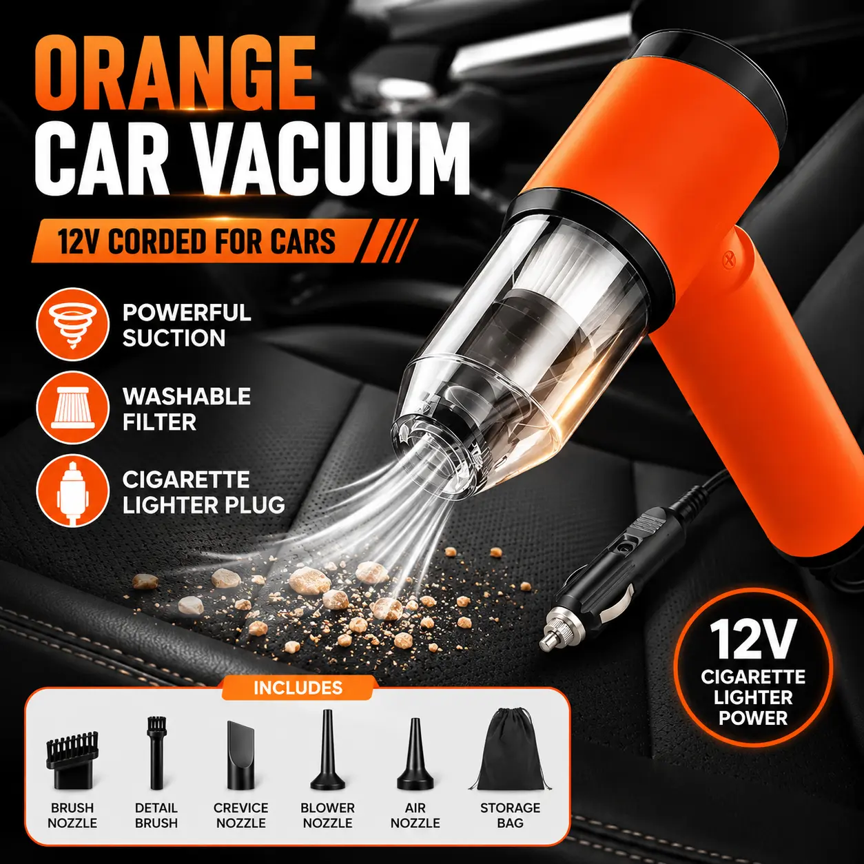 Orange 12V Corded Car Vacuum – Portable Cleaner for Seats, Mats & Tight Gaps