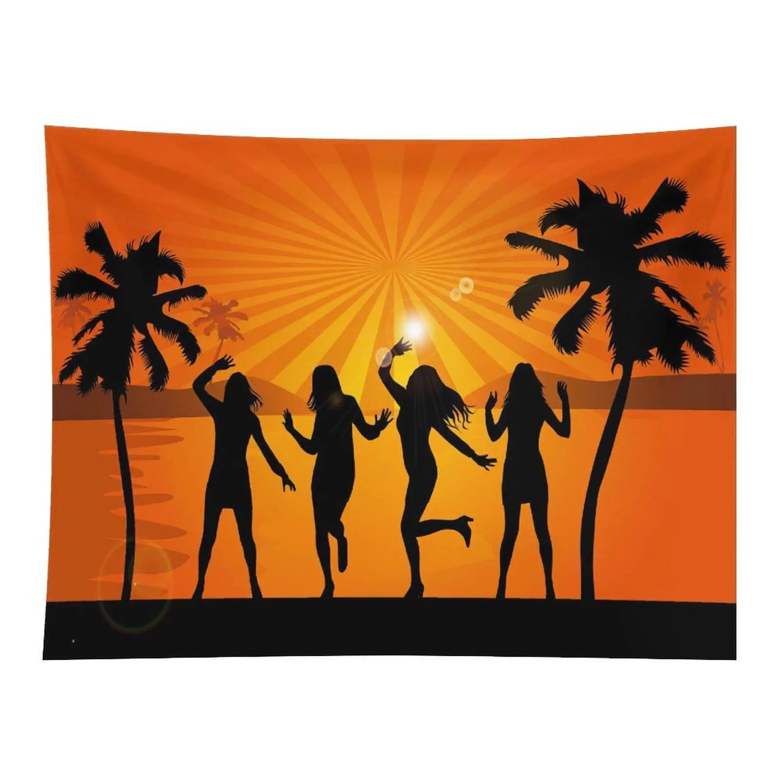 Summer Beach Party Silhouette Wall Tapestry - Girls Dancing, Sunset Palm Trees, Tropical Ocean, Vibrant Orange Sunburst Wall Hanging for Dorm Home Decor
