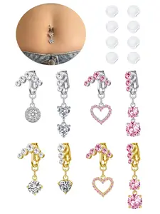 2Pcs Fake Belly Button Piercing for Women Dangle Heart Clip on Belly Button Rings Silver Gold Pink Fake Belly Button Rings Non Piercing Belly Rings Stainless Steel Faux Navel Jewelry