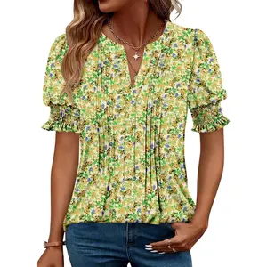Women's Dressy Casual Top Puff Sleeve Summer Shirt Loose Trendy Pleated Blouse