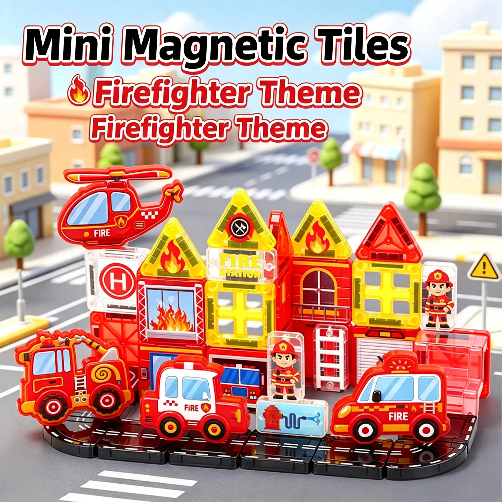 AOMOSIN 40 Pcs Mini Magnetic Tiles Building Blocks Toy with Iron Storage Box - 3-Theme Firefighter, Police Construction Set, STEM Educational Kit for Kids Ages 3+ to Boost Hand-Eye Coordination, 3 - 4 Years, Bricks & Parts